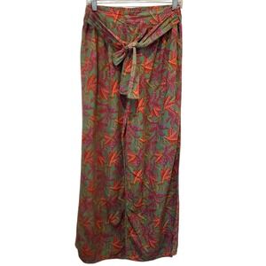 Linen Blend  Women's Wide Leg Pants Green Leaf Print Tie Waist Lagenlook Size XL